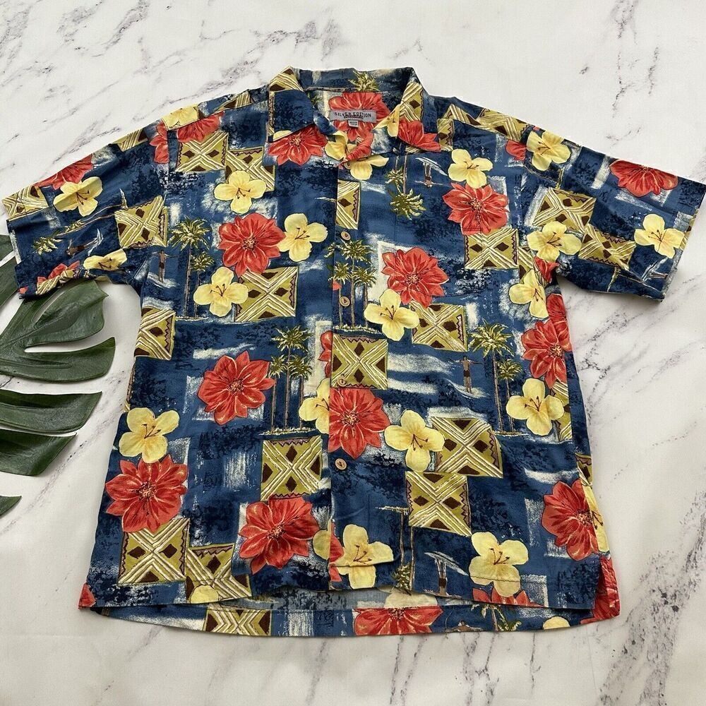 Quicksilver Mens Vintage Y2k Hawaiian Shirt Size M Blue Red Tropical Surfer Tiki